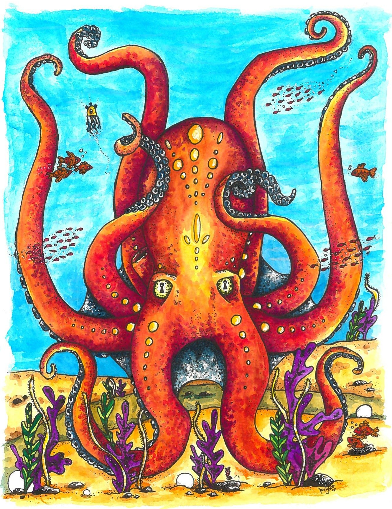 watercolor painting of a giant orange octopus