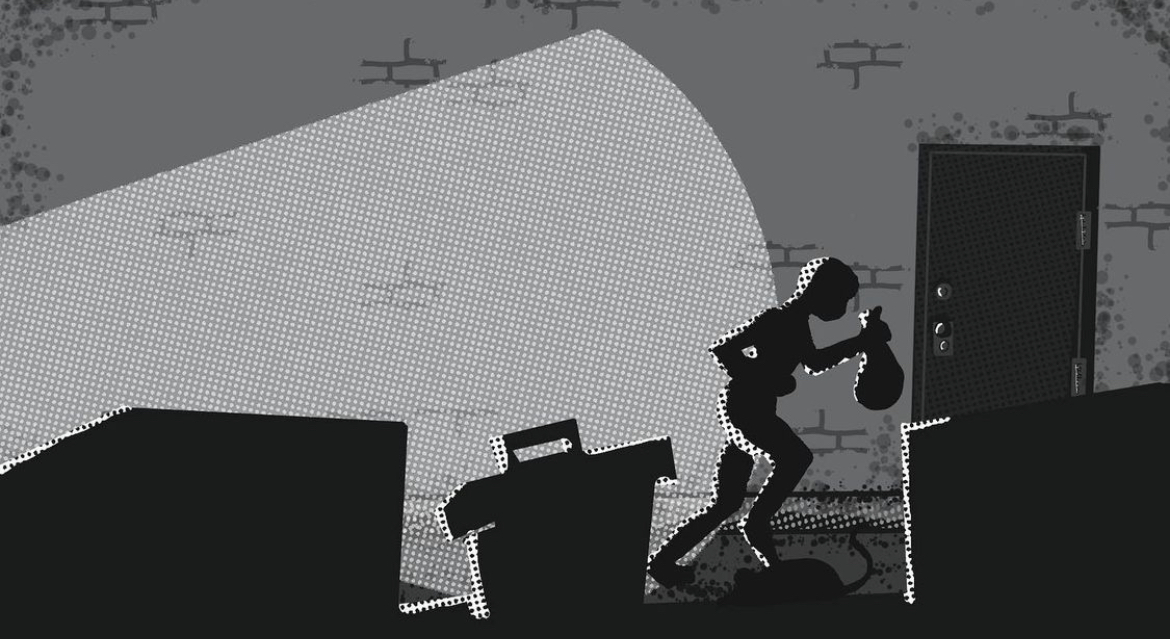 images depicting black and white comic strip style artwork of an alley with trash cans and someone running in silhouette; cover art for a seek-and-find game called Holiday Hideaways - Blown Away! with a drawing of a squirrel inside a hiking boot, with a cloud of wind blowing leaves around, a mushroom and an apple