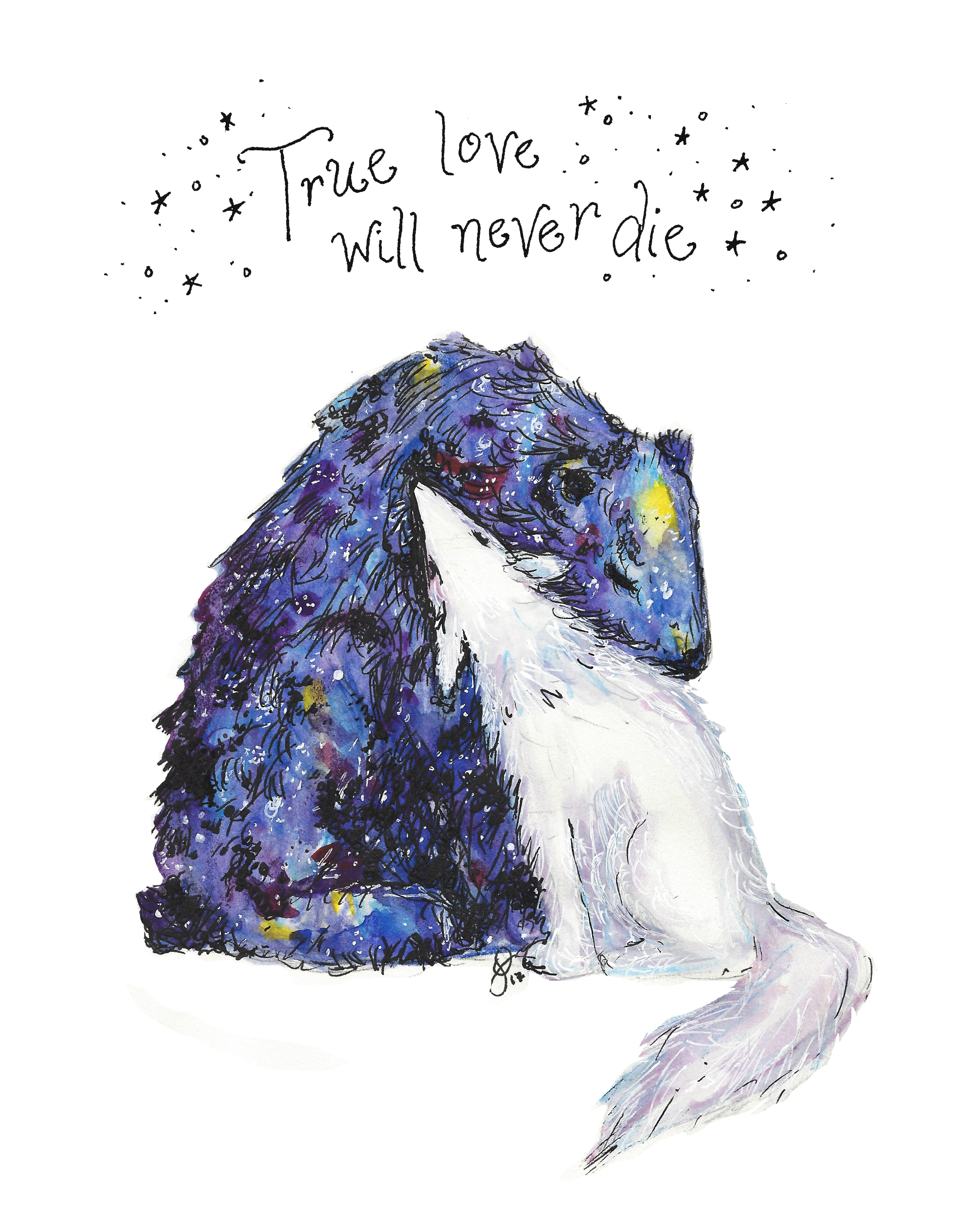 a space-colored bear nestles with a white wolf, drawn in pen and watercolor paints, saying "True Love Will Never Die"